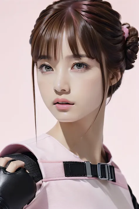 Top Quality, Ultra High Definition, (backlight), (Photorealistic:1.4), (close up:1.6, focus on face), 1 Beautiful Girl, (Kpop Idol), Detailed Face, (Hair Brown|Pink:1.3, full-bang, updo Hair:2), Contrapposto, Smooth Skin, Perfect Anatomy, Professional Ligh...