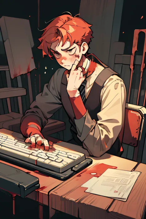 (best quality, masterpiece), 1boy, upper body, particle, pose, injury, blood, suit, bleeding fingers, typing in keyboard, sitting on chair