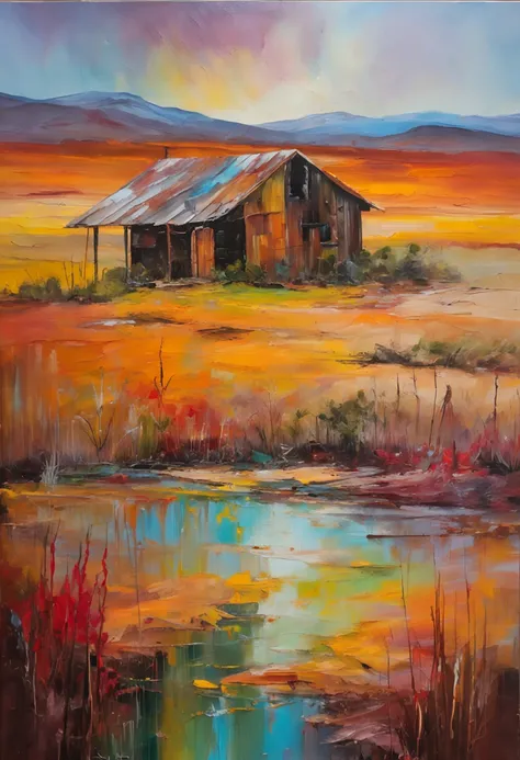 stunningly realistic oil painting of a cabin made in wood in the middle of a desert, the rain just finished. there are some puddles on the ground. the sky is full of vibrant colours, colourful, unzoomed, long detailed plants, ((intricated stroke of oil pai...