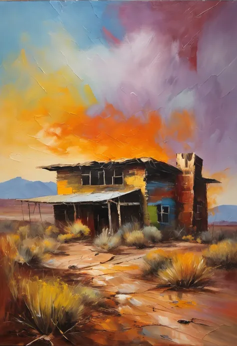 stunningly realistic oil painting of a cabin made in wood in the middle of a desert, the rain just finished. there are some puddles on the ground. the sky is full of vibrant colours, colourful, unzoomed, long detailed plants, ((intricated stroke of oil pai...