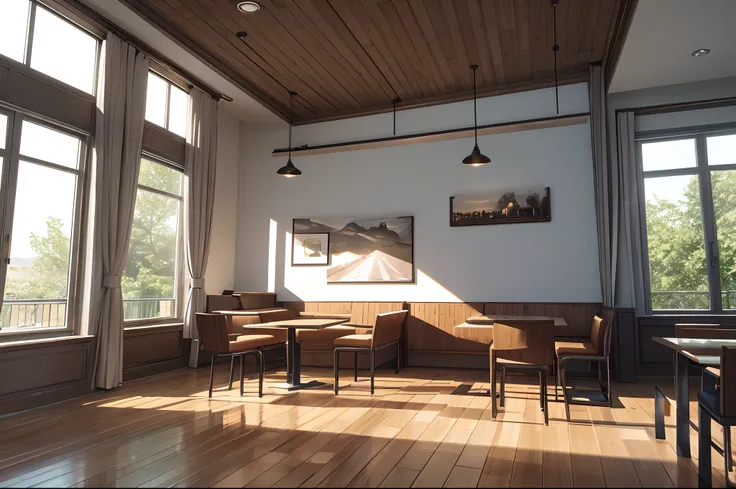 Cozy coffeeshop interior design, Light rays from windows, green spaces, 3dx max render, ultra realistic, 8k wallpaper, Light and cool lighting, photo realistic, Cel shaded, Gel lighting, ultra details