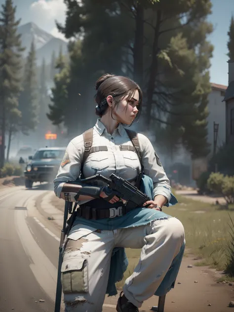 Create ultra realistic PUBG mobile characters in the background. Utilize 8k resolution guns and achieve an ultra realistic face.