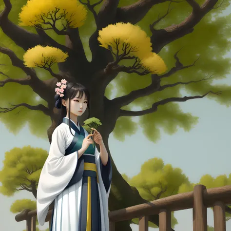 A beautiful girl in Hanfu stands under a ginkgo tree