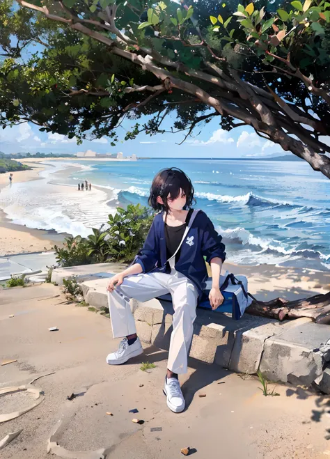 there is a young boy sitting on a bench by the beach, standing at the beach, posing on a beach with the ocean, sitting at the beach, standing near the beach, profile picture 1024px, wearing a fisher 🧥, kim doyoung, the ocean in the background, cai xukun, 🪔...