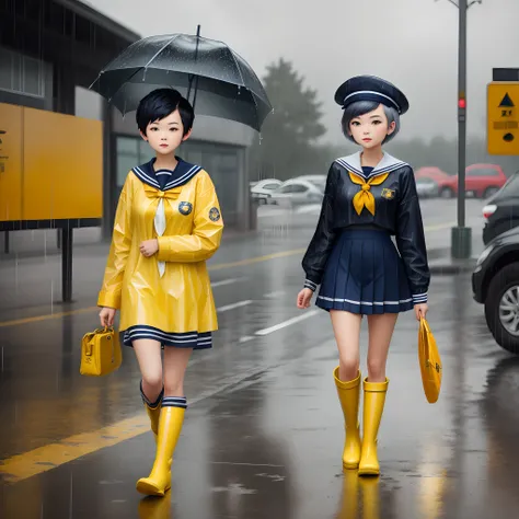 Girl with short hair in yellow rain boots and sailor suit