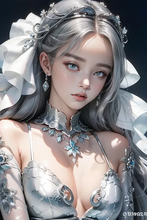 The hair is covered with beautiful and delicate floral craftsmanship, Crystal jewelry filigree，jewelry，Ultra-detailed details，Beautiful aristocratic girl，Gray hair is elegantly coiled，(((Silver giant snake)))