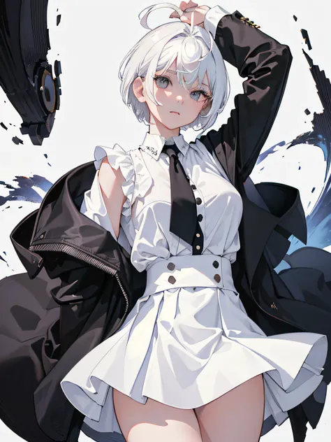 ((masterpiece, best quality)), (1girl), (solo), (female focus), (ahoge, white hair, short hair), black eyes, ((white shirt), (buttoned shirt)), ((black skirt), (short skirt)), standing, white background, arms behind back,