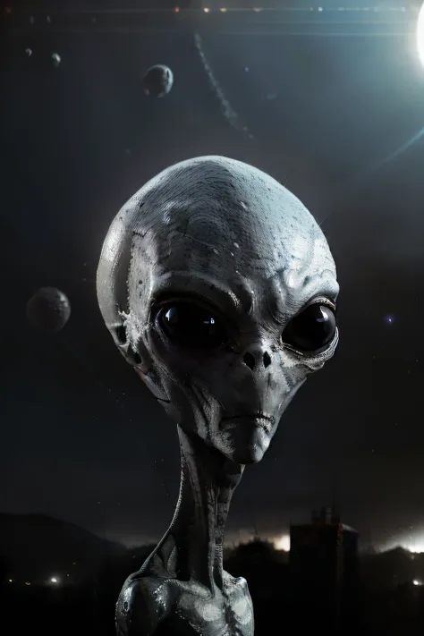 an alien beign, which has a big head, round big eyes and a skinny body, he is grey and the background is a spaceship in the oute...