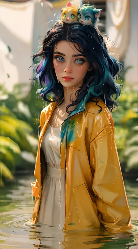 a woman with colorful hair standing in a stream of water, the curls are smeared with paint of different colors rainbow, a cute and beautiful young woman, hyper real photo, she is wearing a wet coat, beautiful young catgirl, dripping technique, discord pfp,...