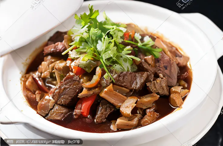 On the plate there is a bowl of stew and vegetables, wet shredded red meat, beef, Sauce, sichuan, stock image, high quality food photography, high detail photo, F 2. 0, 3580780586, closeup at the food, delicacy