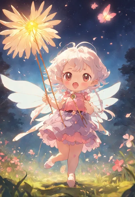 ln the forest，night moon，Mini cute 3 year old flower fairy, Chubby toot，Skirt made of petals，Huge flowers，Colorful colorful，Transparent colorful wings, Magic wand，closeup cleavage，Light attenuation，Glow effects，depth of fields，high light，Real light，Ray tra...