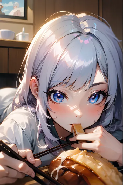 girl with、silber hair、Blue eyes、Lying on the futon、Eat katsudon、Holding chopsticks in your right hand