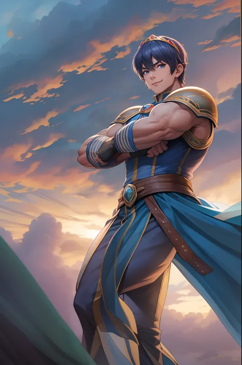 masterpiece, best quality, marth, tiara, cape, armor, blue tunic, fingerless gloves, belt, pants, cowboy shot, standing, clouds,...