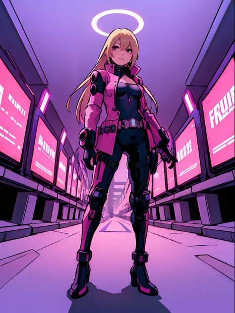 best quality, detailed future city background, girl in futuristic cloth, cyberpunk, blonde hair, purple ambiance, pose, fullbody