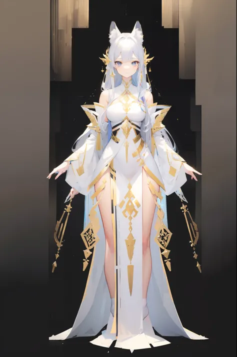 ((three sided view,full body,simple background,multiple views,highres)), masterpiece, best quality,8k, perfect face, expressive eyes, (full body:1.2), 1girl, goddess of light, white and gold theme, angelic, intricate design, ethereal, fantasy, elegant, and...