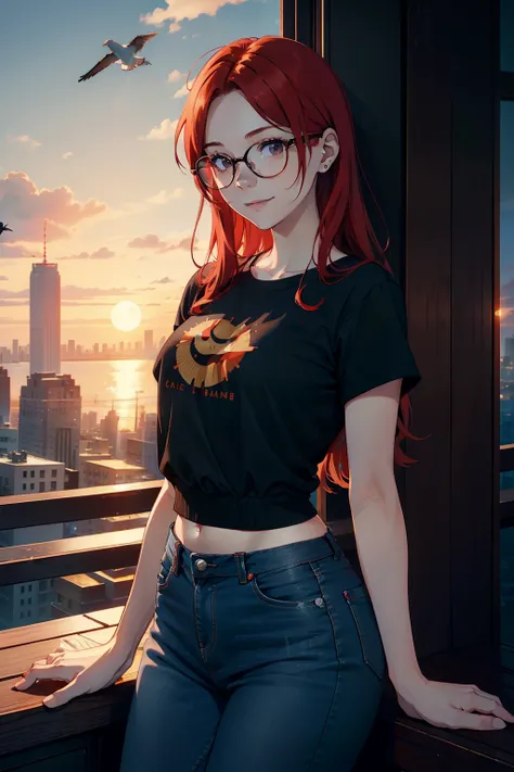 young redhead girl, smiling, red hair, sun and moon tattoo on arm, black top, jeans, brown eyes, wearing glasses, on top of a skyscraper, birds far away in the sky, sun behind, sunset, majestic landscape, 4k , masterpiece, detailed face,