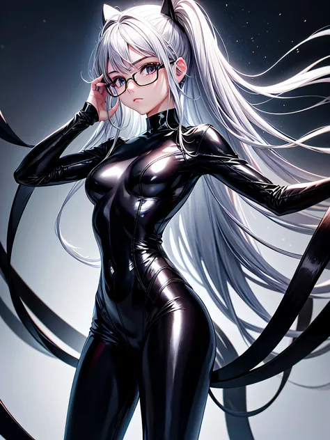 8K UHD、Beauty with small nose with silver hair in black shiny black full-body rider suit wearing glasses standing with legs open facing the front、Wearing a black metallic catsuit、Upper Body Up