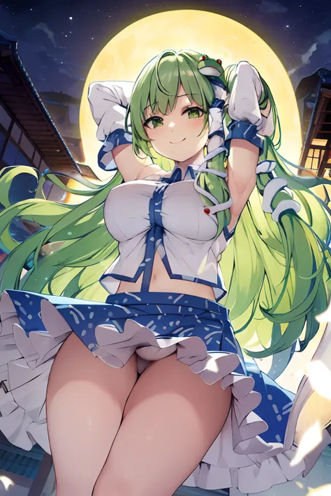 masterpiece, best quality,1girl,kochiya sanae,smile, long hair,green hair,green eyes,frog hair ornament, hair tubes,snake,detached sleeves,shirt,skirt,large breasts,thick thigs, (kbxll:0.7),arms up,armpits,japanese temple at night,