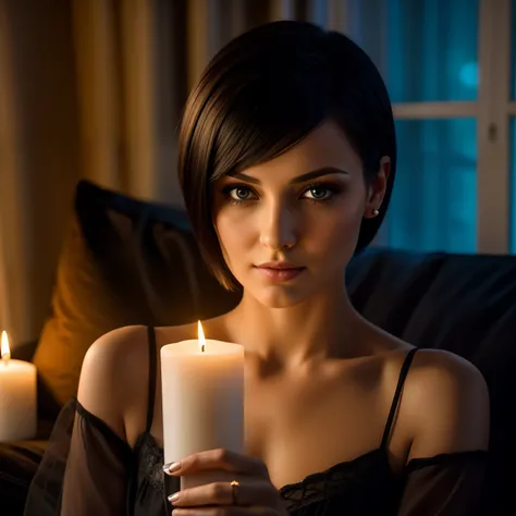 stunning 30 year old woman with short hair, straight hair, black hair in night gown on sofa. soft candle lighting. close up face...