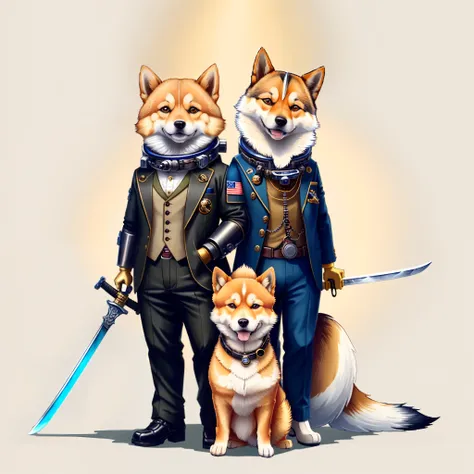 a close up of a dog wearing a suit and holding a sword, steampunk dog, anthropomorphic shiba inu, shiba inu cosmonaut, shiba inu cosmonaut portrait, corgi cosmonaut, cyborg dog, doge, husky in shiny armor, an anthropomorphic cyberpunk fox, doge meme, golde...