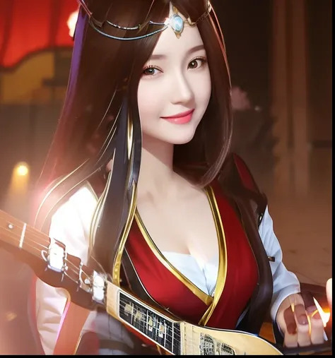 Smiling woman with guitar and sword in hand,