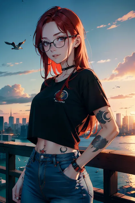 young redhead girl, smiling, red hair,tattoo of sun and moon on arm, black top, jeans, brown eyes, wearing glasses, on top of a skyscraper, birds far away in the sky, sun behind, sunset, majestic landscape, 4k , masterpiece, detailed face,