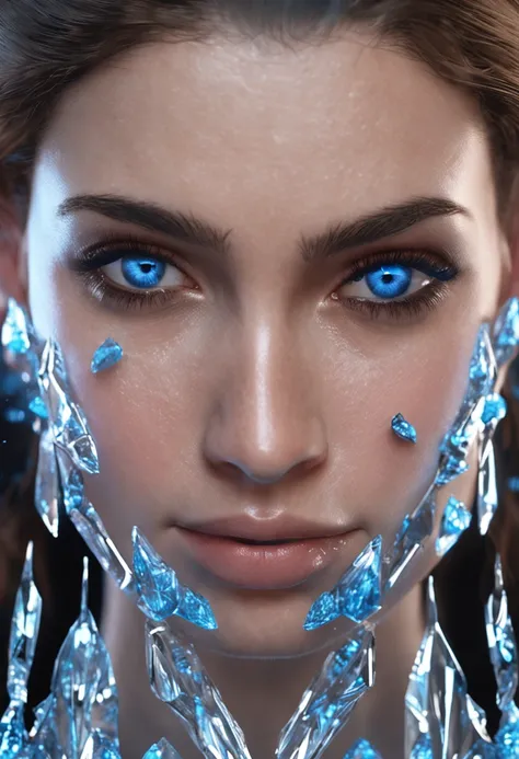 HD realistic girl face details with blue crystal eyes