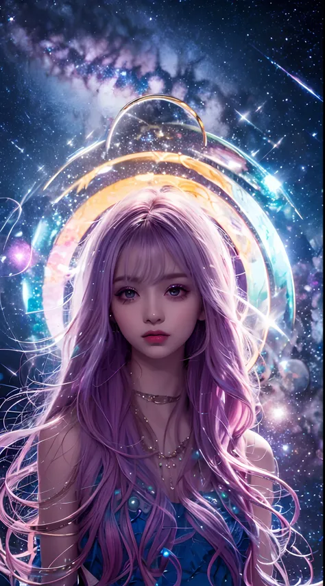 Background: Mysterious quantum environment, Cosmic elements and ethereal atmosphere，A mix of bright lights and colorful nebulae. Theme: A mysterious girl with a magical aura. She has long, Colorful wavy curls, The shiny hair stands out. His eyes are deep a...