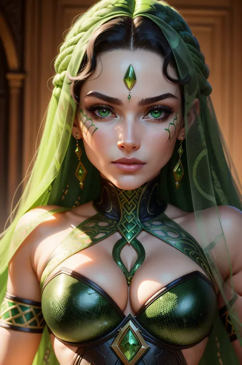 gorgonas femininas, olhos verdes esmeraldas, com cauda de serpentes, pele brilhante , olho hiper realista , lindo rosto perfeito,in the style realistic and hyper-realistic renderings