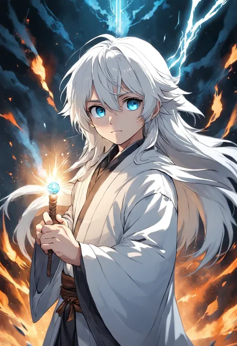 Sick 8-year-old boy，White hair，Light blue eyes，White robe，the witcher，wands，mistic，ssmile