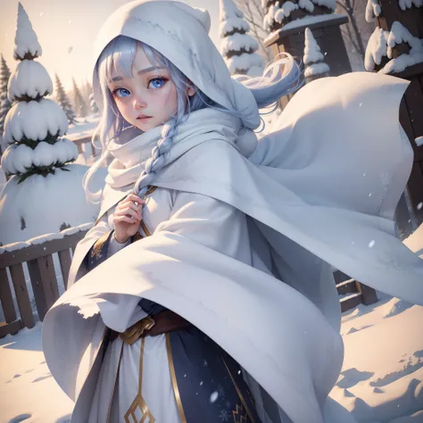 High quality and ultra-detailed CG Unity 8K wallpapers、A girl wearing a white cloak appears。Her eyes are blue、Hair is golden。White snow is falling in the background.、Beautiful winter scenery spreads out。