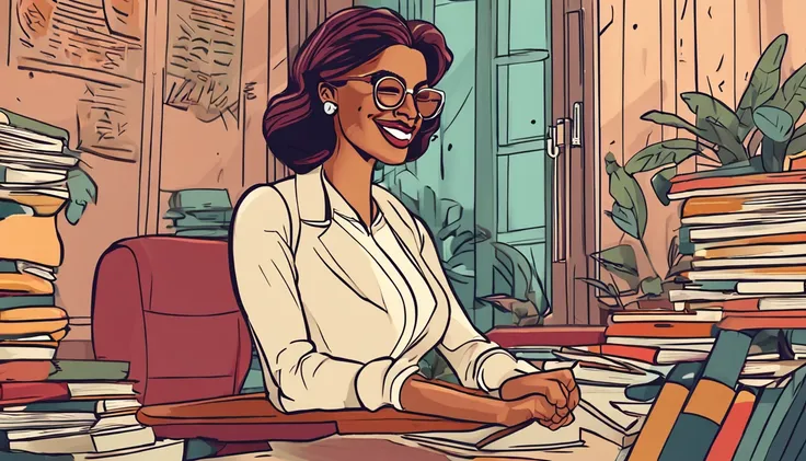 mulher bonita sorrindo, segurando livros, de oculos, cartoon ,estilo professora, feliz