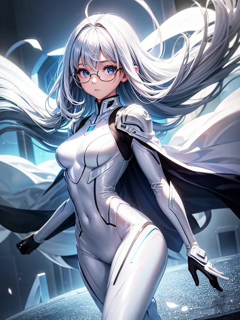 8K UHD、White-shiny white full-body rider suit with glasses silver hair and small-nosed beauty standing with legs open facing the front、Wearing a white metallic rider suit、Upper Body Up