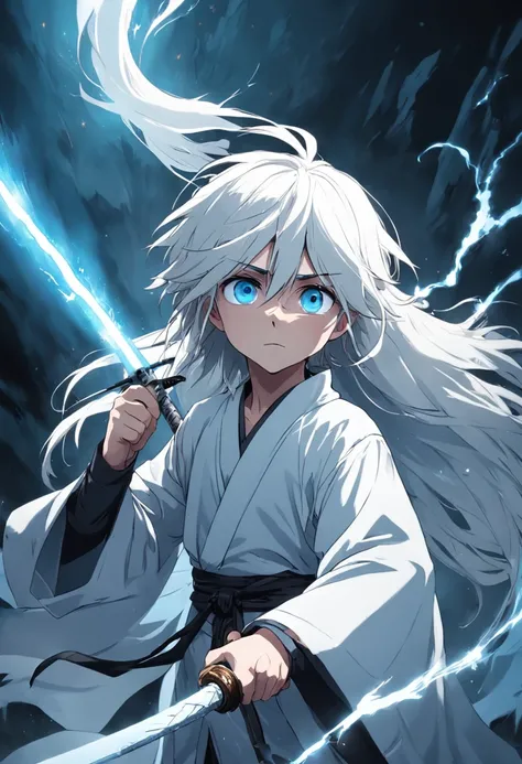 Sick 8-year-old boy，White hair，Light blue eyes，White robe，the witcher，wands，Panicked eyes