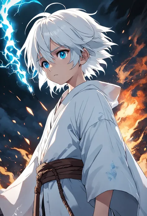 Sick 8-year-old boy，White hair，Light blue eyes，White robe，the witcher，wands，Panicked eyes