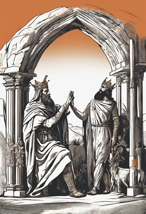 Depiction of David interacting with King Saul. O rei oferece sua armadura, but David resolutely refuses.