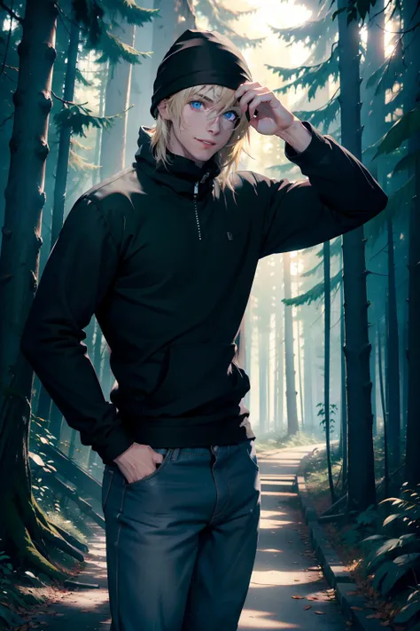 young man, blond hair, blue eyes, smiling, wearing black sweatshirt, black bonnet, jeans pants ,muscular body, in a scenic forest, exploring, curious face, 4k