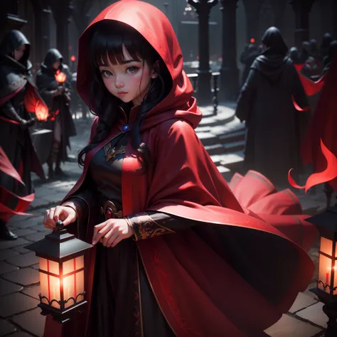 One girl in a red cloak、ultra-detailliert、Beautiful fece、Fantastic atmosphere、mysterious background、Night light、Light production、heavy shadow、Vibrant colors、dramatic compositions、Luxurious decoration、dreamlike landscape