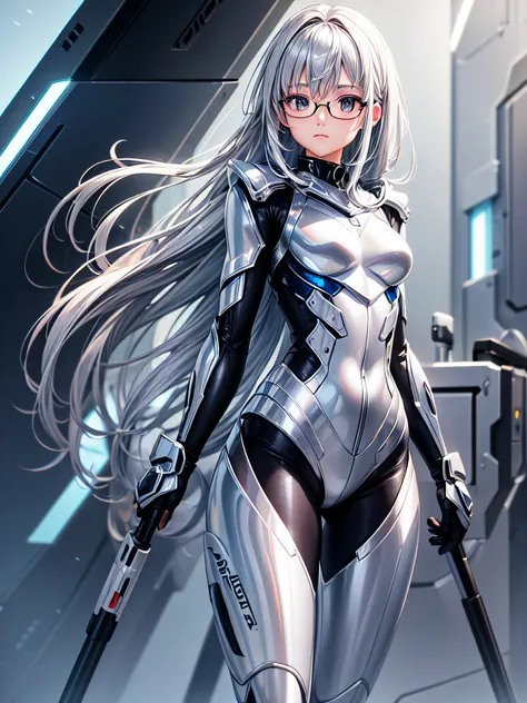 8K UHD、Silver-haired and small-nosed beauty in shiny silver full-body rider suit with glasses standing with legs open facing the front、Wearing a silver metallic rider suit、Upper Body Up