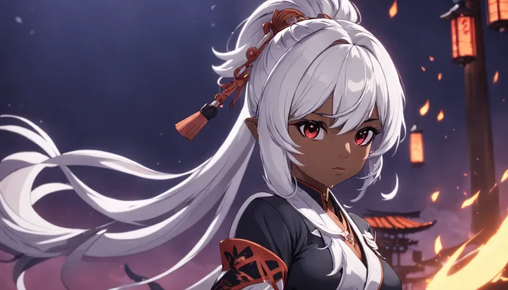 Genshin Impact Custom Character, Original Character, female, busty, thicc, samurai gf, dark skin, ponytail white hair, black background