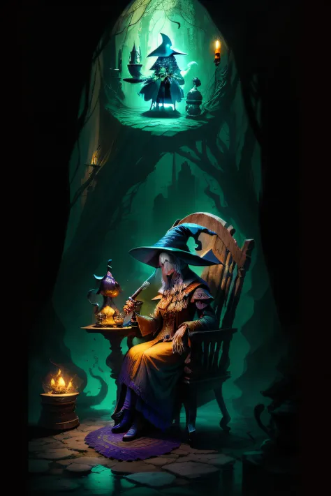 An old witch sitting in a calddirao chair in the background and shes holding a sonyster crow