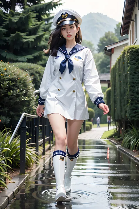 Beautiful girl in long rain boots and sailor suit，Sexy fair legs，Eyebrows are clear，high definition detail，Vivid image