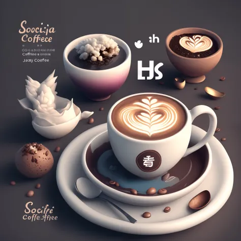 Social media banner for Japanese-style coffee shop, indigo, coffee, Logo, higly detailed, graphically, 3D Rendering