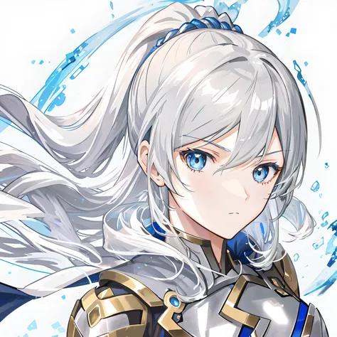 animemanga girl，Human Knight，Human General，grey long hair，With a ponytail，Bangs refer to this picture，Silver armor，Golden cape，blue color eyes，look to the front，A reference to this image by the face，The expression of the character is the same as this pictu...