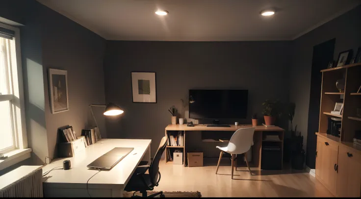 studio for Youtuber video recording, Lamp holder on the ceiling, dark environment low light, tecnologia, Nobodies, luz natural, lamp holder, vista de canto, 8k, 16:9, Aspect Ratio. There is a desk with a laptop and a lamp on it, warmly lit posh study, hype...