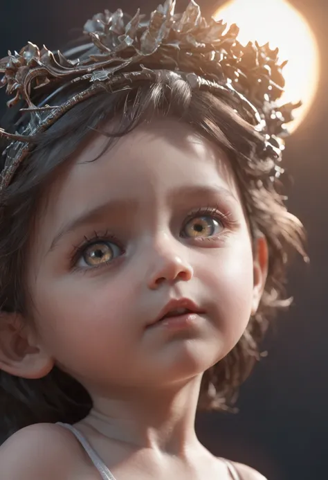 Cute and adorable dark baby, Glowing Smoke Neon Eyes, renda de metal hoarfrost, fantasia, sunlight, raio de sol, detalhes intrincados. 8k, sonho, surrealismo, Super fofo, symmetric, soft lighting, trending on ArtStation, detalhes intrincados, altamente det...