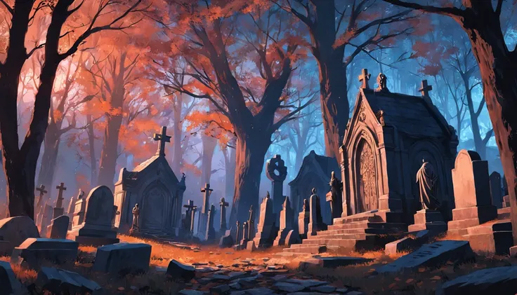 There is a cemetery，There are many tombstones in the background, Record photos of Alexei Egorov at night, autor：Eglon van der Neer, Bussiere Rutkowski Andreas Rocha, eerie nostalgic concept art, arte de fundo, autor：Otakar Kubin, Martin Raphael Lacoste, ce...