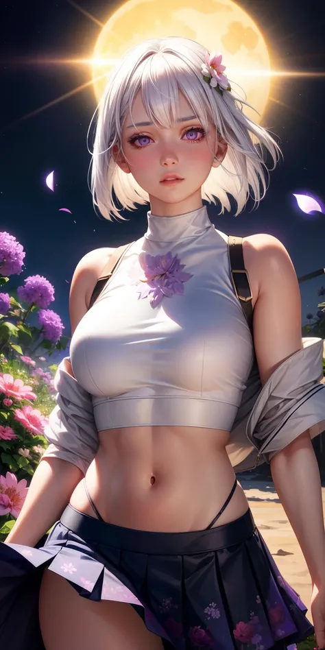 realistic, 1girl, white hair, purple eyes, glowing eyes, crop top, skirt, parted lips, blush, night, flowers, sun, sunlight,