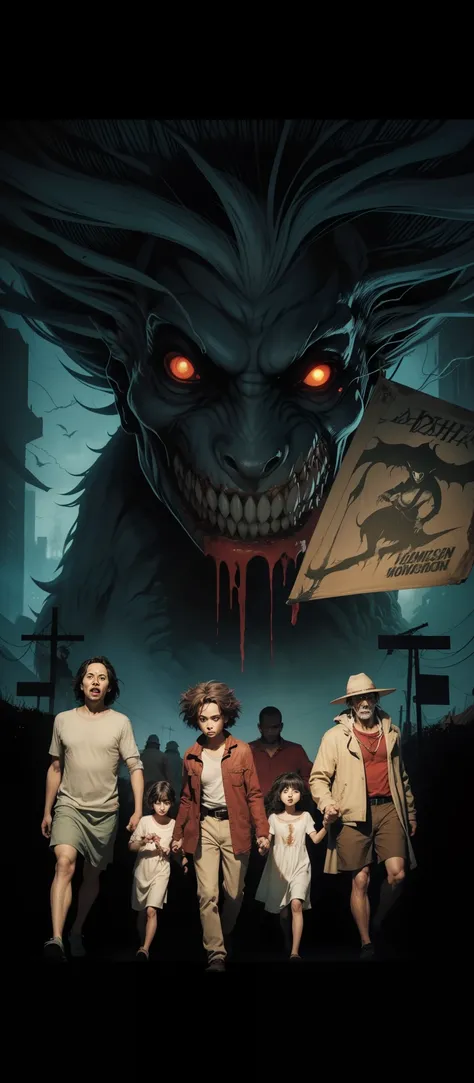 um cartaz de um grupo de pessoas em frente a um monstro( um lobisomem), horror", horror ", coisas estranhas vecna, arte da capa da graphic novel, arte de terror digital, Martin then, arte de terror 4k detalhada, inspirado em Satoshi Kon, Satoshi poderia ar...