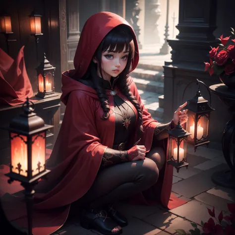 One girl in a red cloak、ultra-detailliert、Beautiful fece、Fantastic atmosphere、mysterious background、Night light、Light production、heavy shadow、Vibrant colors、dramatic compositions、Luxurious decoration、dreamlike landscape